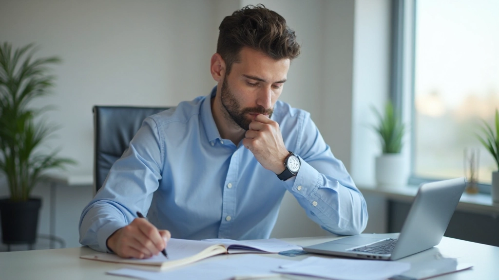 Профессиональное изображение человека, размышляющего за столом с блокнотом и ручкой, офисная среда